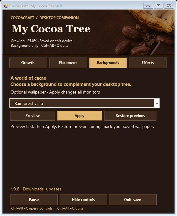 My Cocoa Tree controls with cocoa photography, chocolate tones, gold buttons, and four organized settings sections