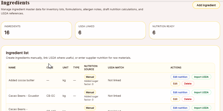 Ingredient / Lot Selection screenshot