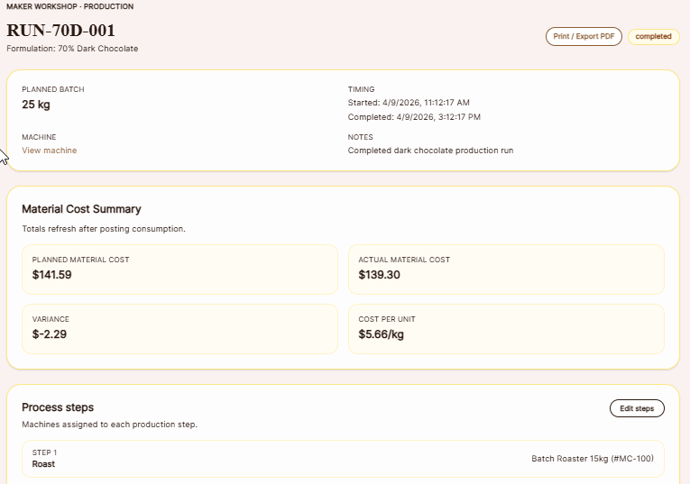 Production Run Record screenshot